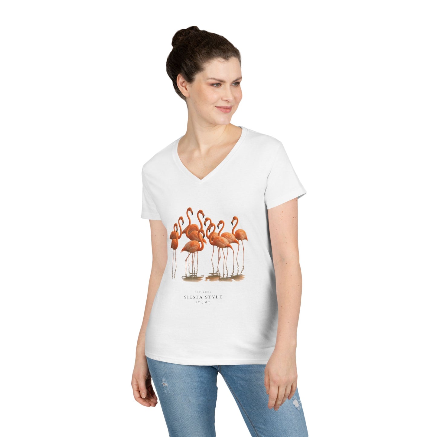 Ladies' Flamingo V-Neck T-Shirt β Summer Vibes & Casual Elegance | Siesta Style