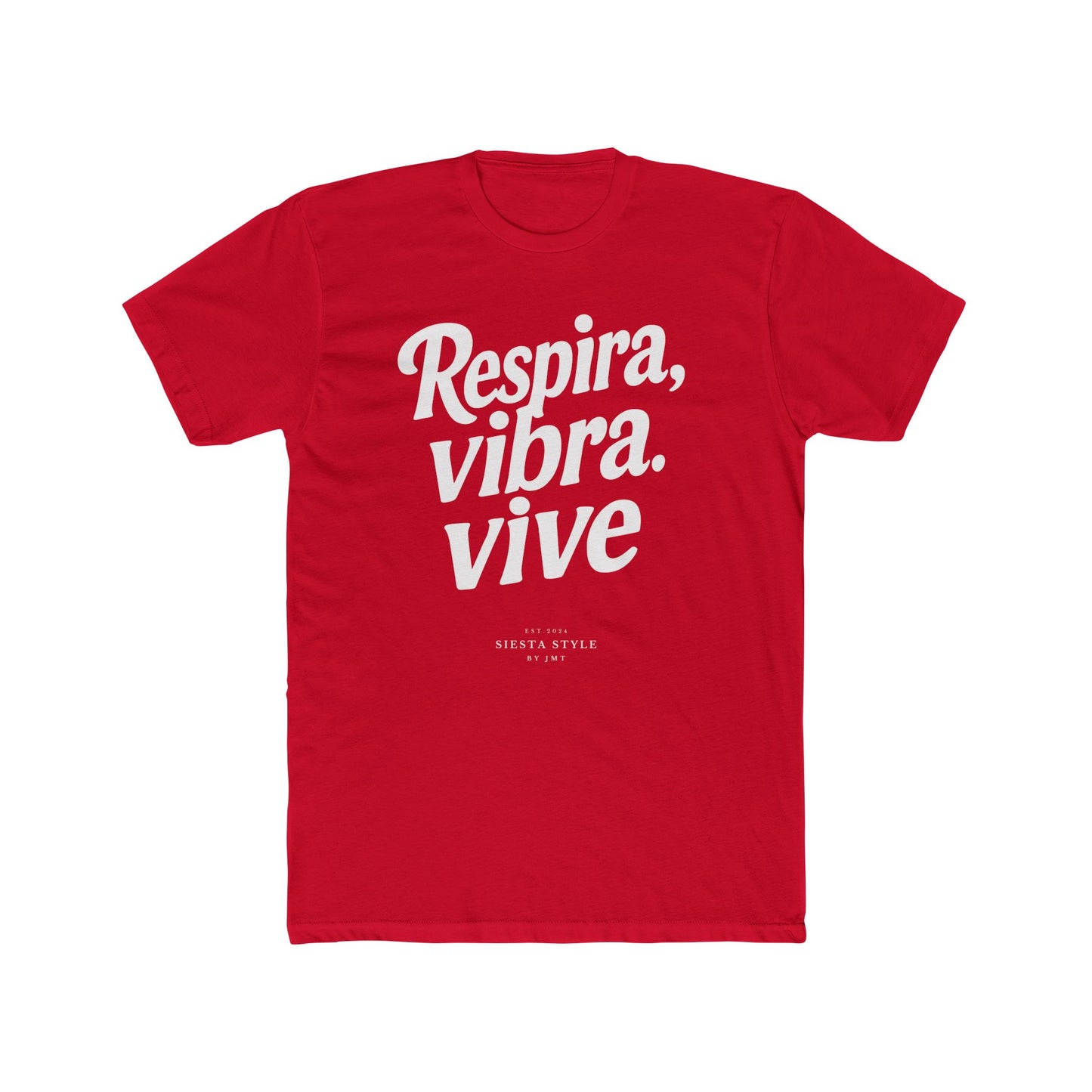Solid Red crew neck t-shirt with “Respira, vibra, vive” typography print, front view