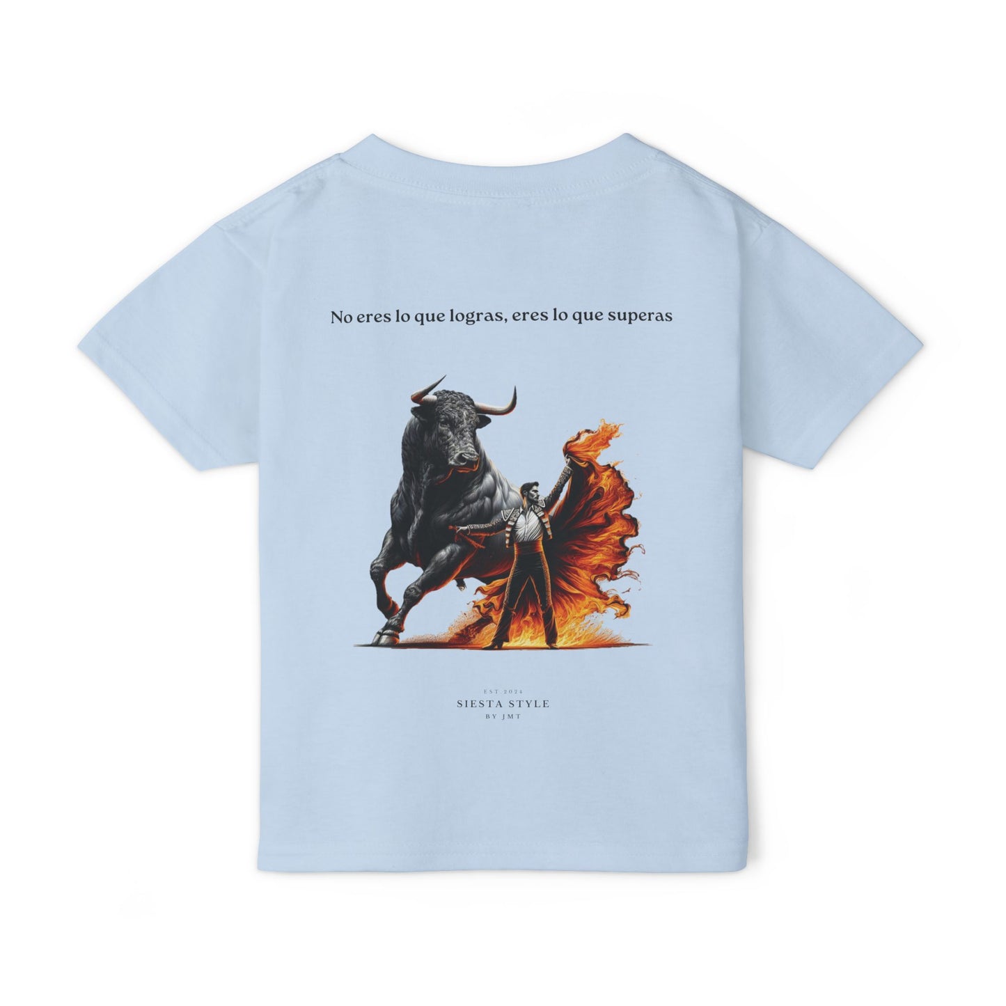 Light Blue children’s T-shirt with bull and torero illustration and Spanish quote “No eres lo que logras, eres lo que superas”, back view