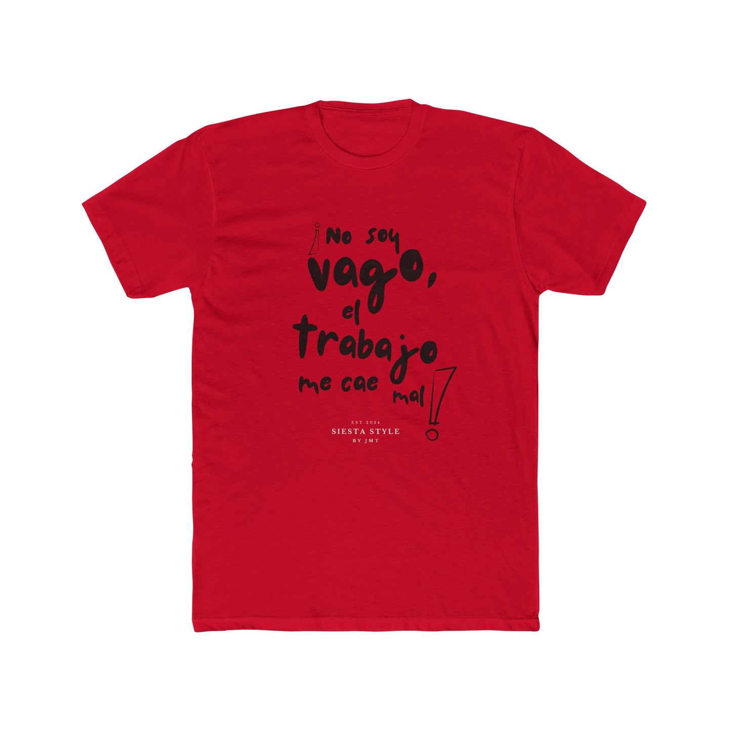 Solid Red unisex cotton crew neck T-shirt with handwritten Spanish slogan print, front view