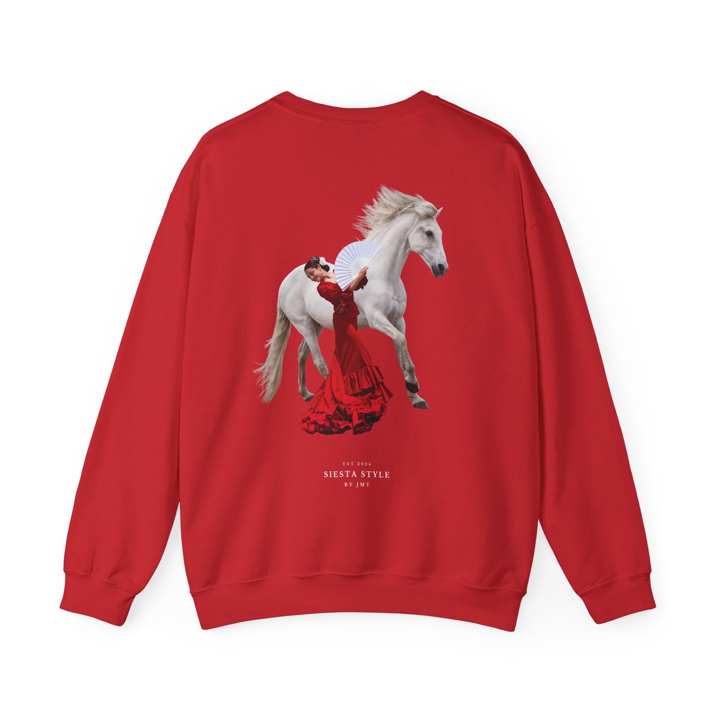 Red crewneck sweatshirt with white horse and red flamenco dancer print, back view