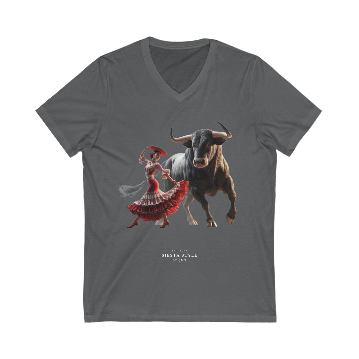 Cultural Fiesta V-Neck T-Shirt – Dancing Woman & Bull Design | Siesta Style