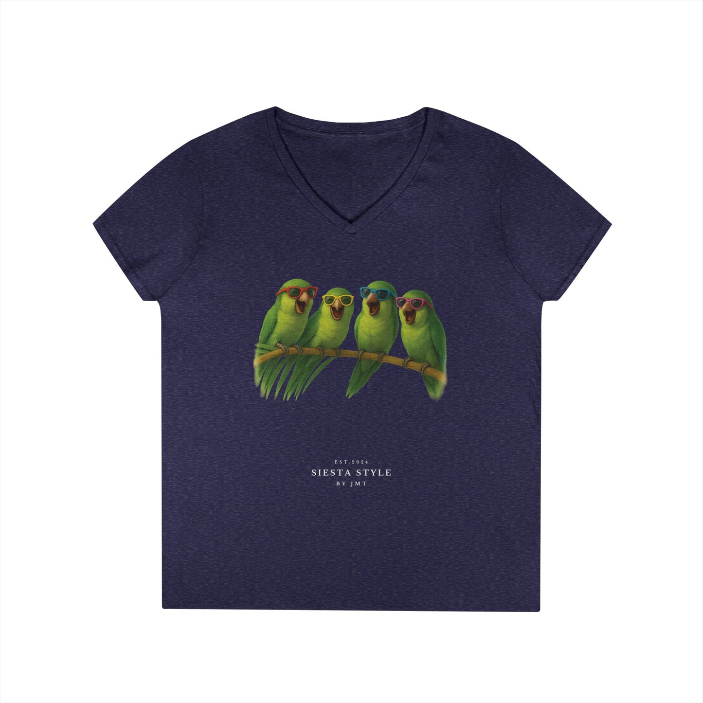 Floral Bird T-Shirt – Soft Cotton V-Neck for Women | Siesta Style