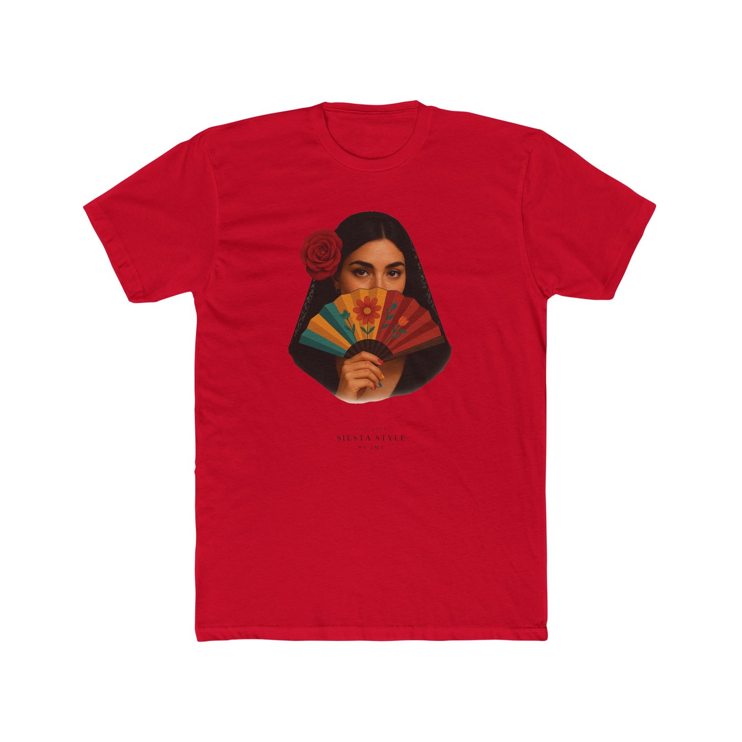 Solid Red travel t-shirt with Spanish woman and hand fan print