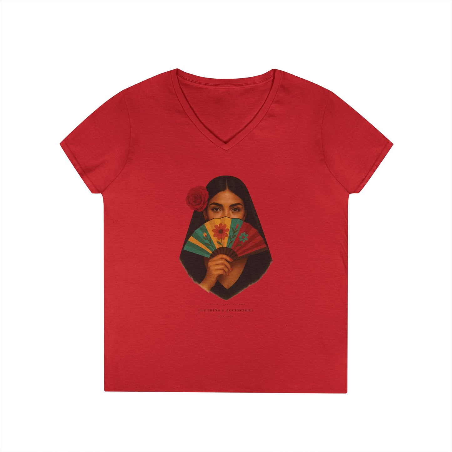 V-Neck T-Shirt with Spanish Lady - Summer Vibes, Casual Elegance