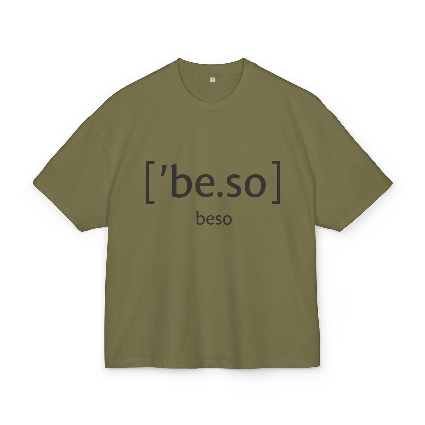 Olive unisex ultra heavy cotton box tee with beso typography print, front view