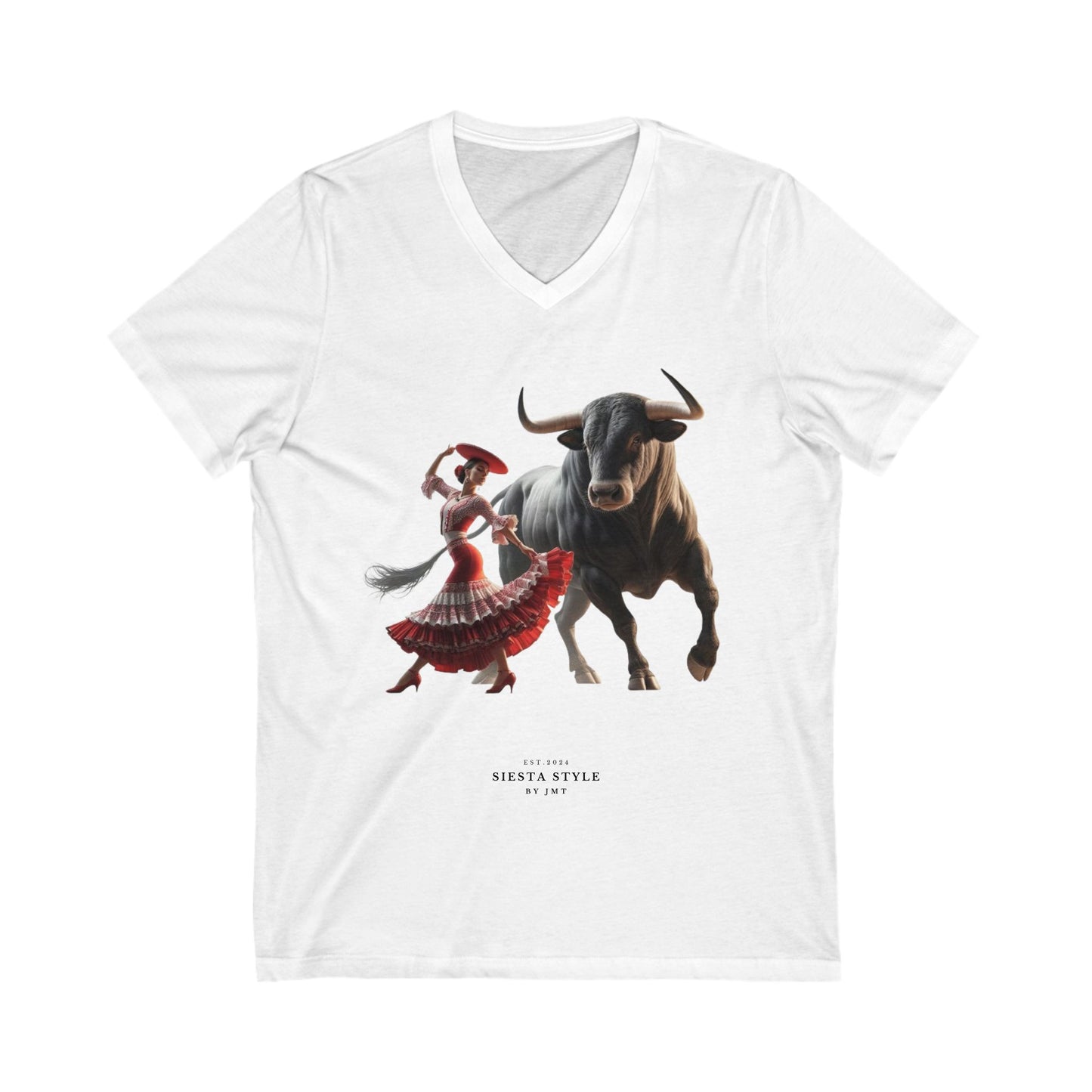 Cultural Fiesta V-Neck T-Shirt – Dancing Woman & Bull Design | Siesta Style