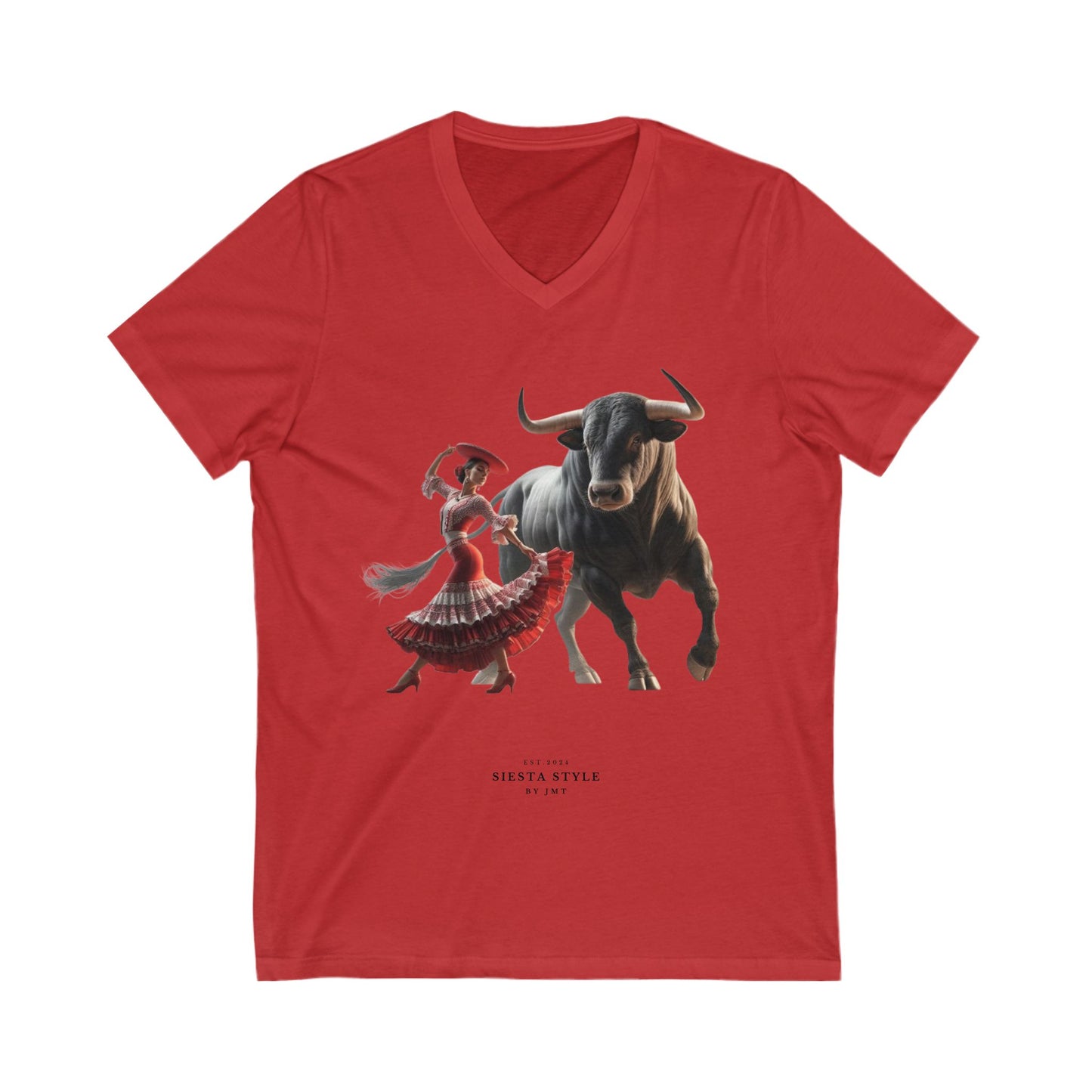 Cultural Fiesta V-Ausschnitt T-Shirt – Tanzende Frau & Stier Design | Siesta Style