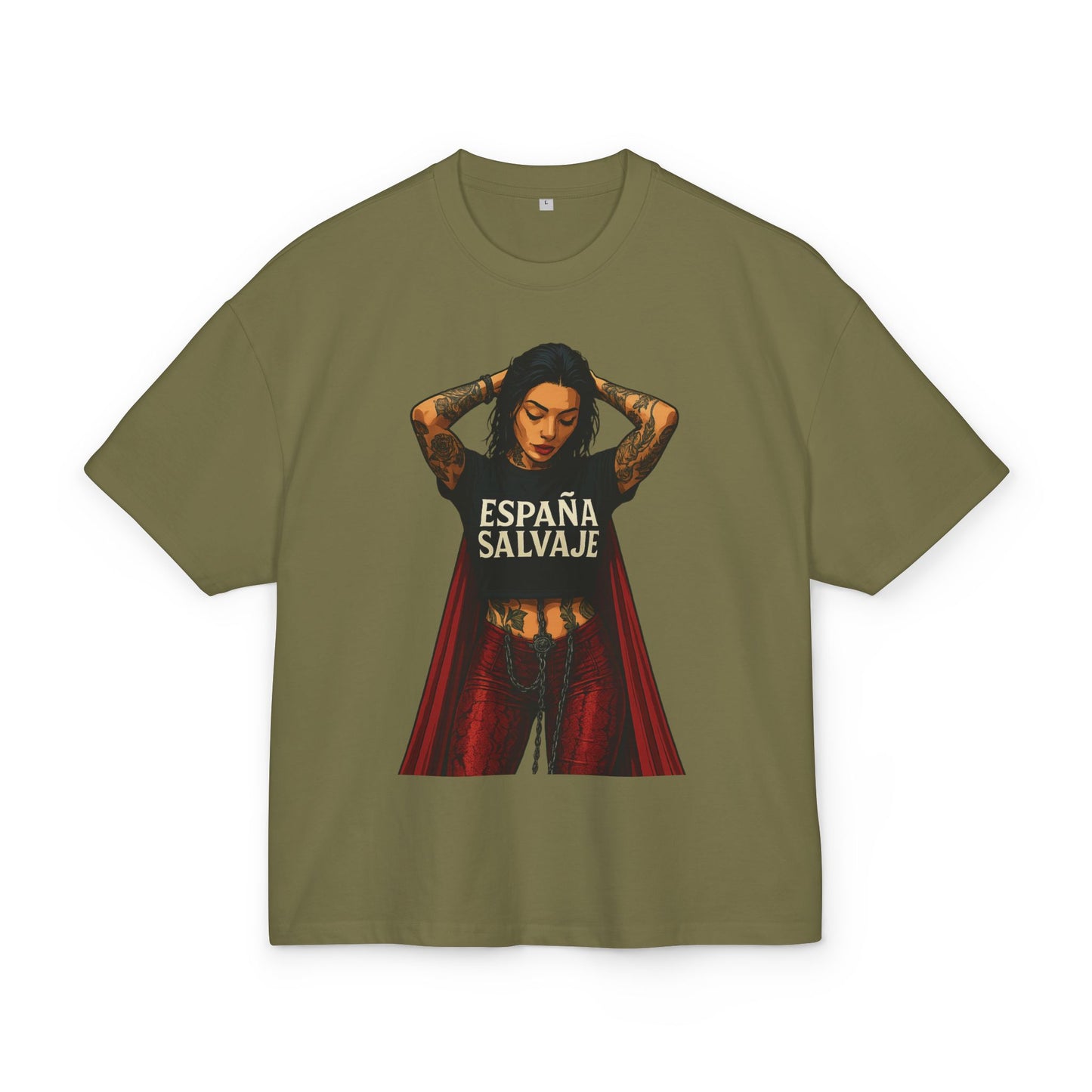 Olive oversized t-shirt with “España Salvaje” graphic print, front view