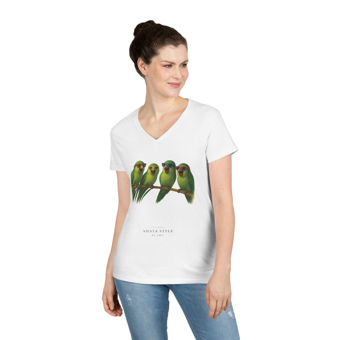 Floral Bird T-Shirt – Soft Cotton V-Neck for Women | Siesta Style