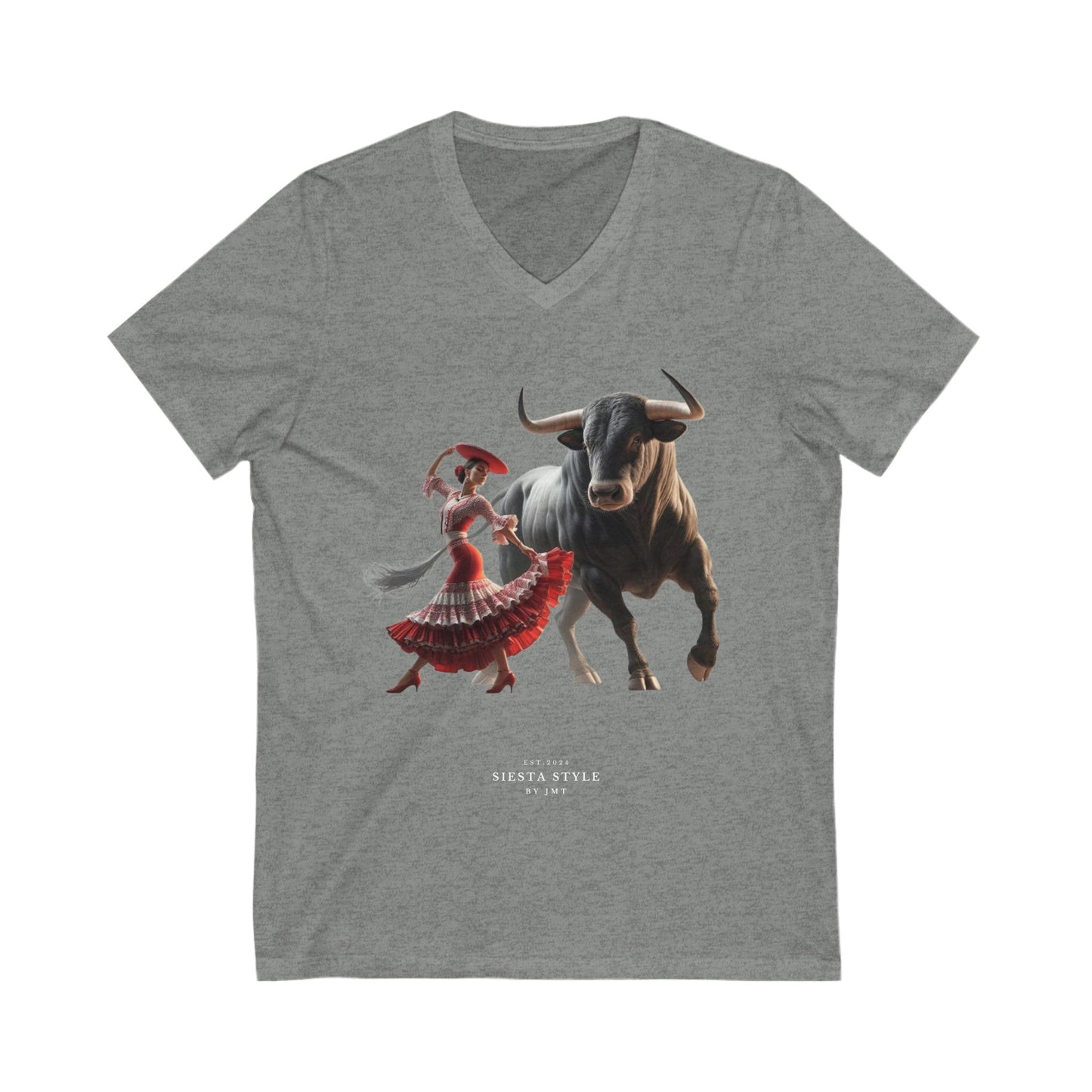 Cultural Fiesta V-Neck T-Shirt – Dancing Woman & Bull Design | Siesta Style