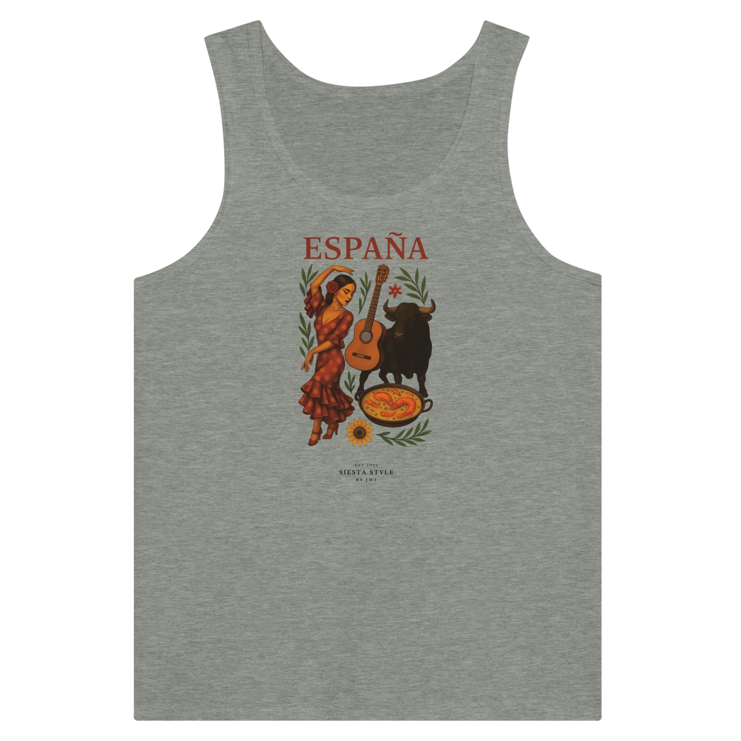 Athletic Heather travel tank top with Spanish flamenco dancer, guitar and bull illustration