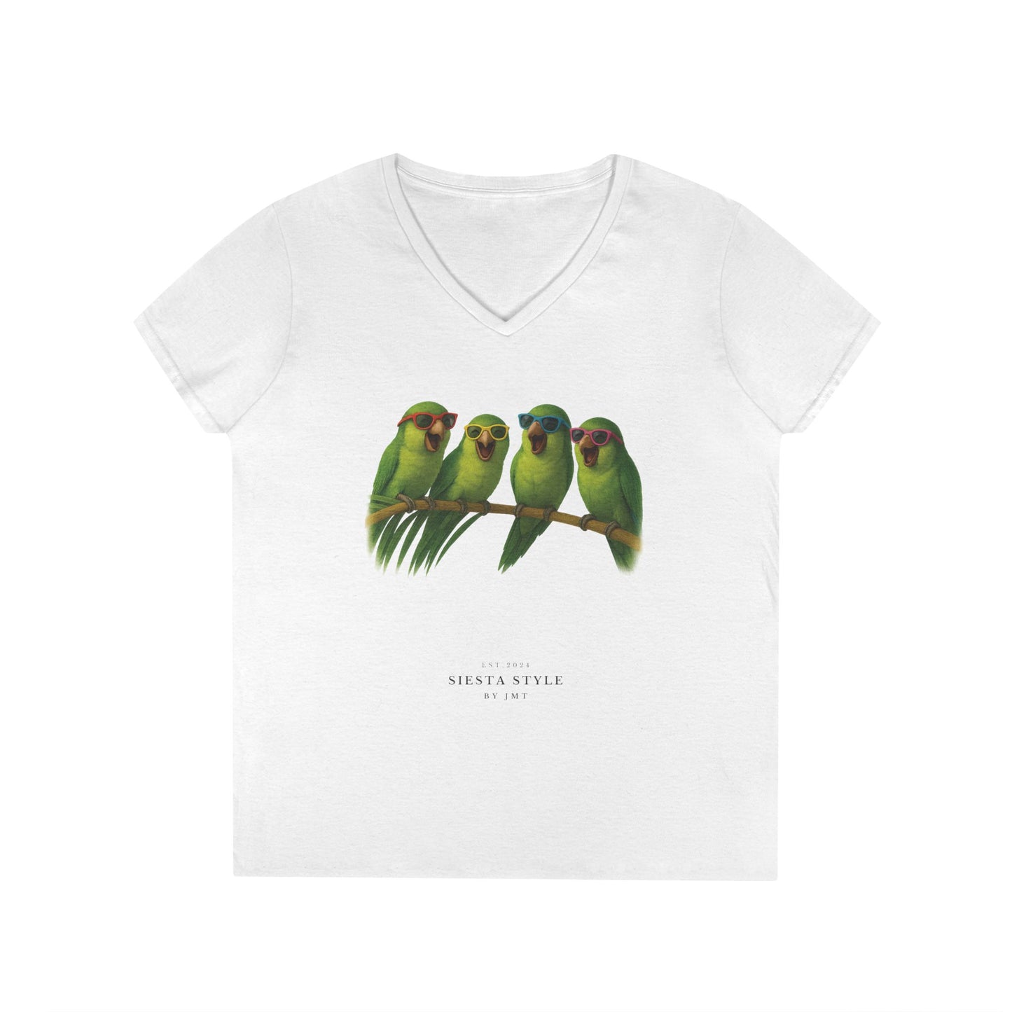 Floral Bird T-Shirt – Soft Cotton V-Neck for Women | Siesta Style