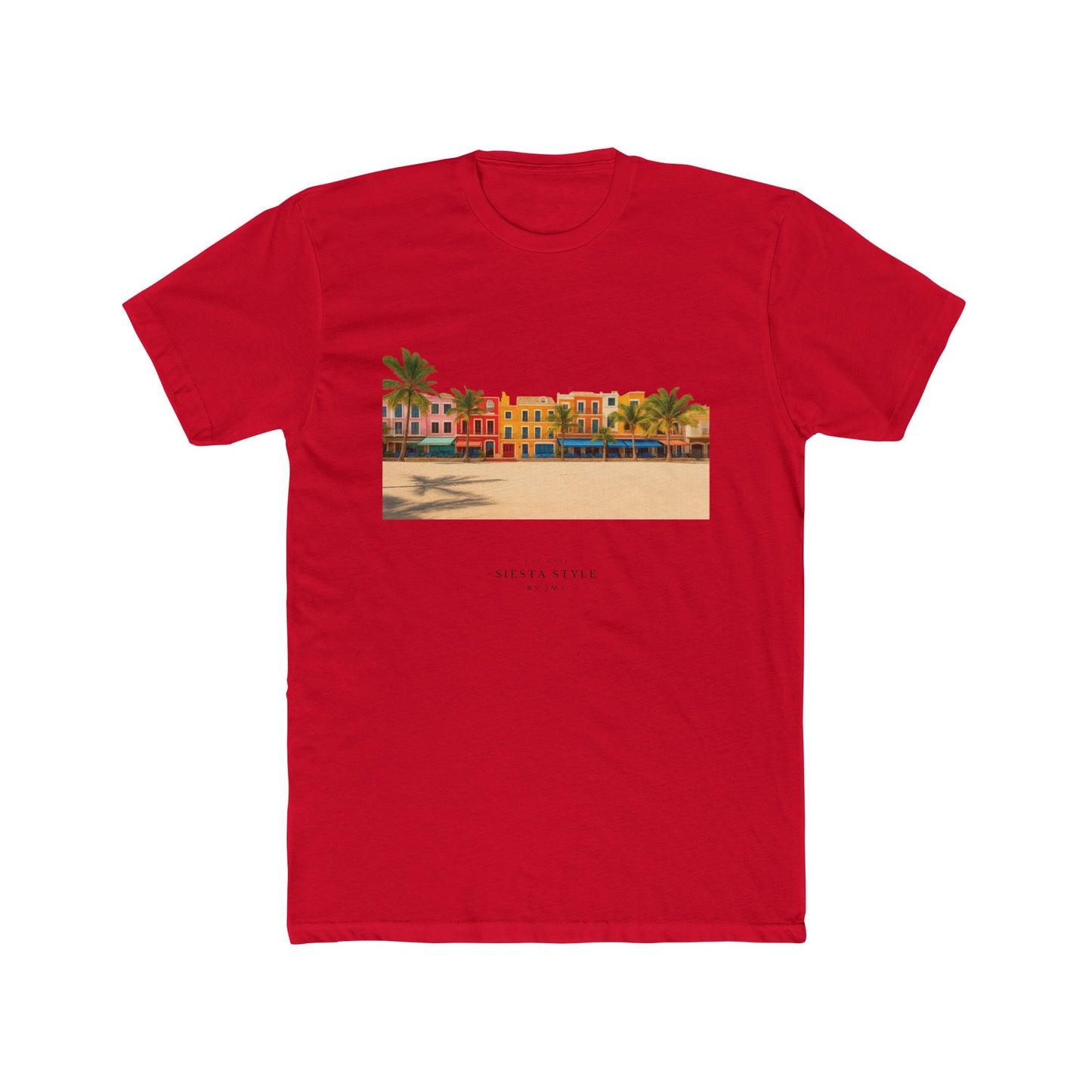 Solid Red T-shirt with cityscape and palm tree graphic design