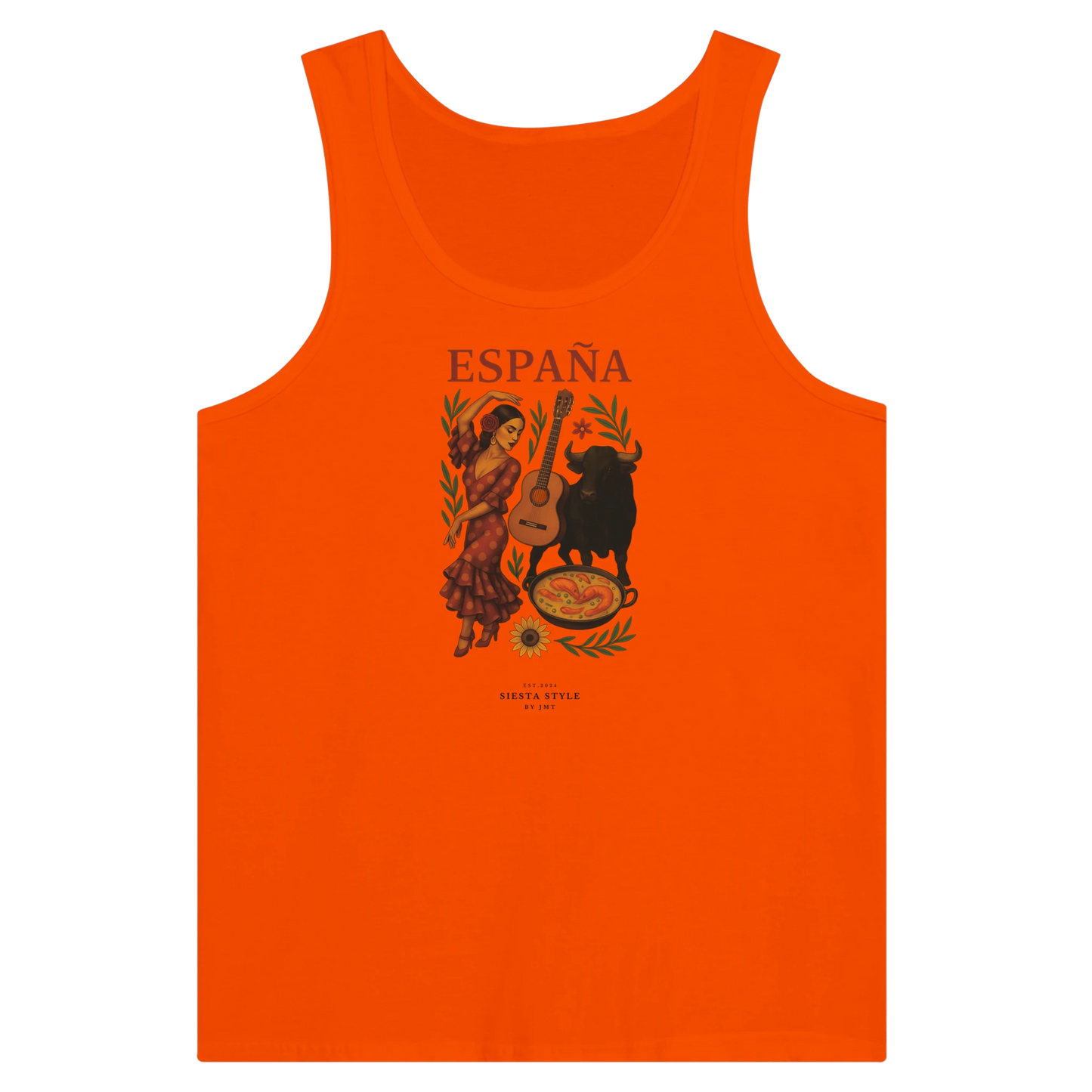 Orange travel tank top with Spanish flamenco dancer, guitar and bull illustration