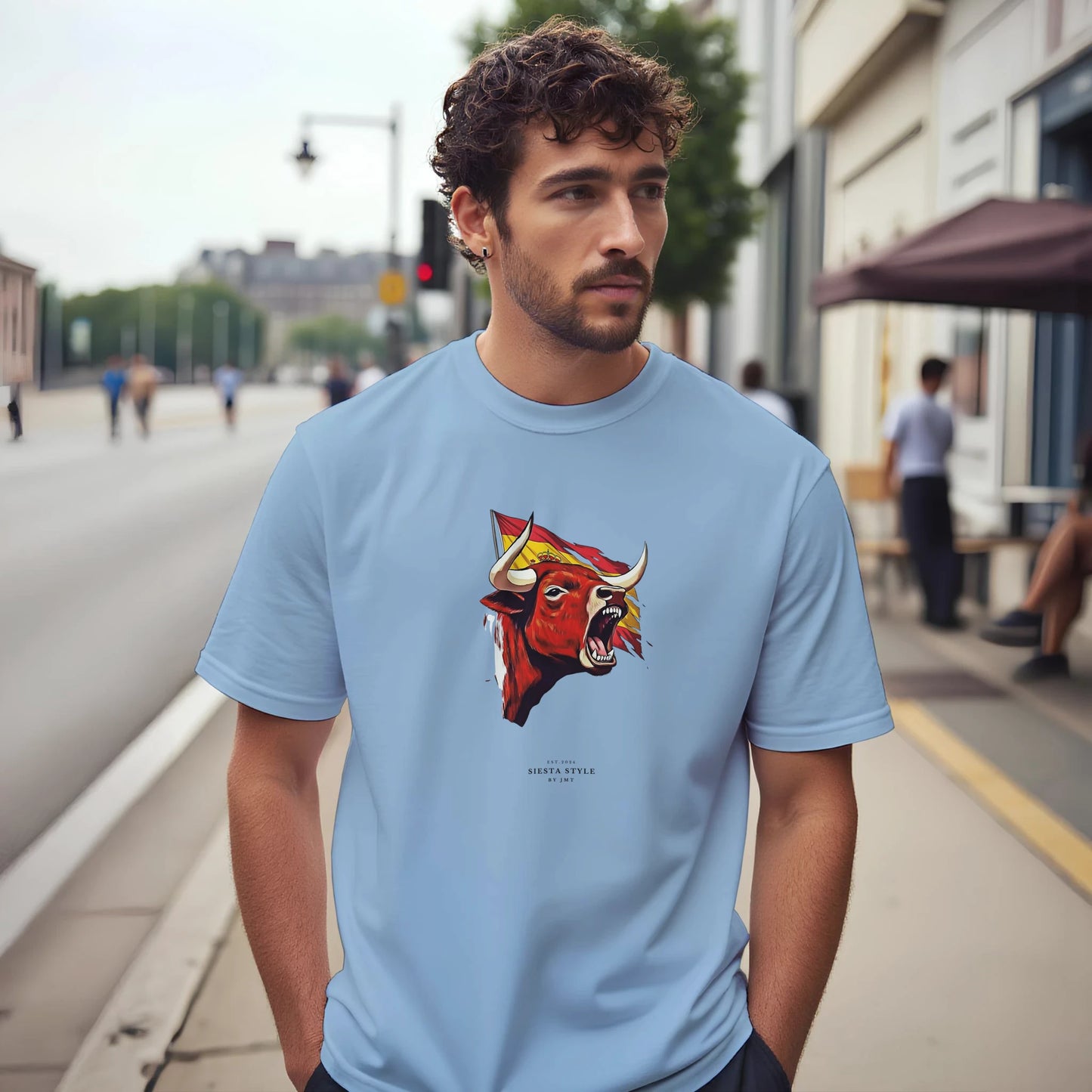 Light Blue travel t-shirt with Spanish bull head Print