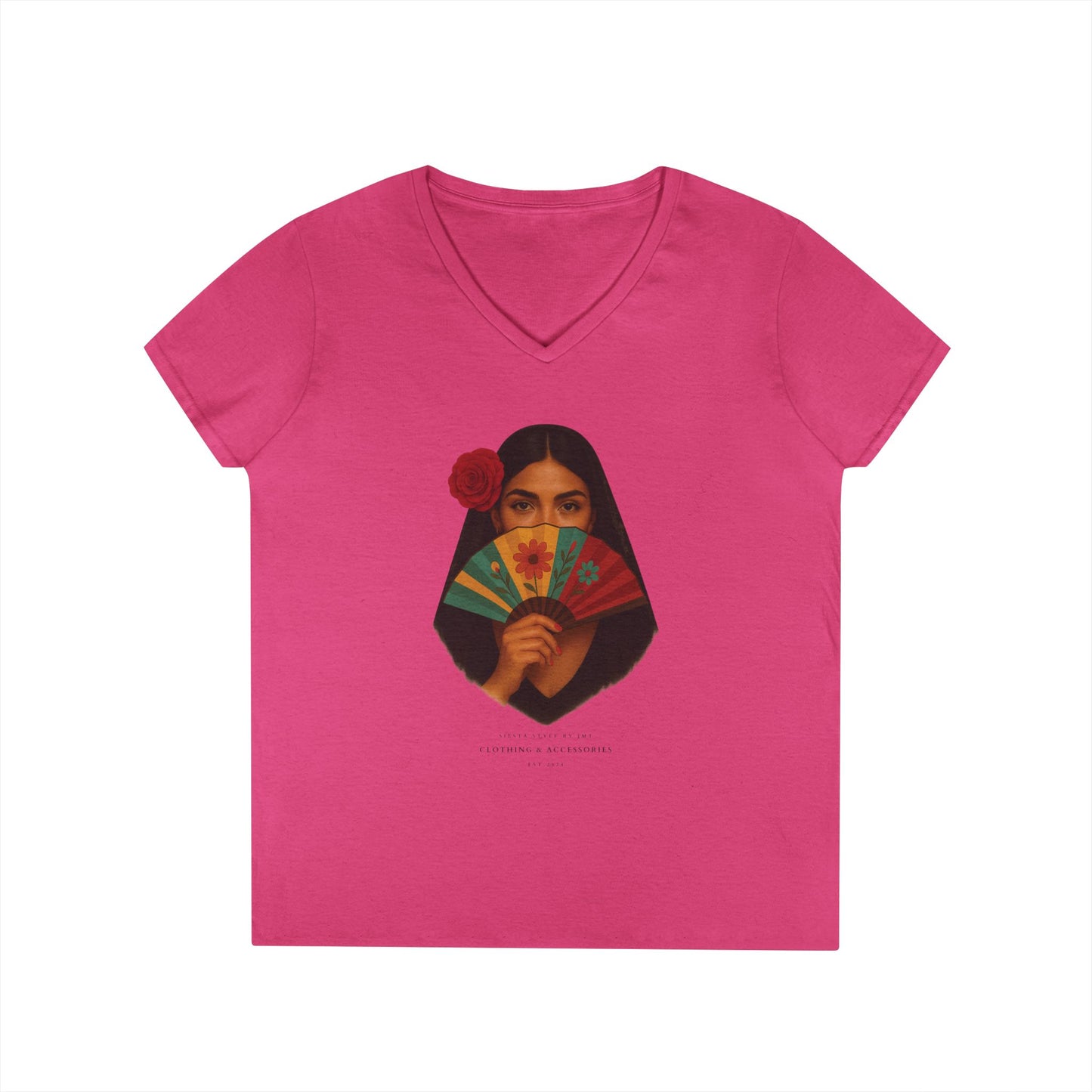 V-Neck T-Shirt with Spanish Lady - Summer Vibes, Casual Elegance