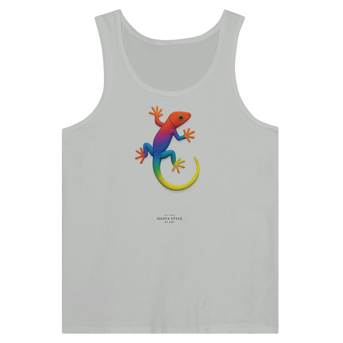 silver travel tank top with colorful gecko illustration