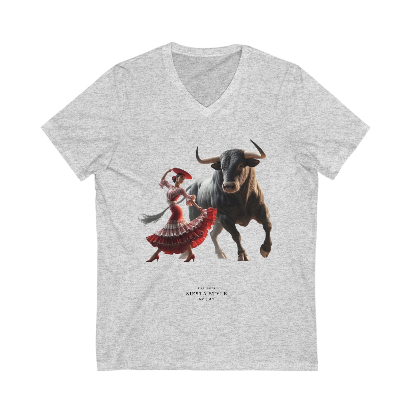 Cultural Fiesta V-Ausschnitt T-Shirt – Tanzende Frau & Stier Design | Siesta Style