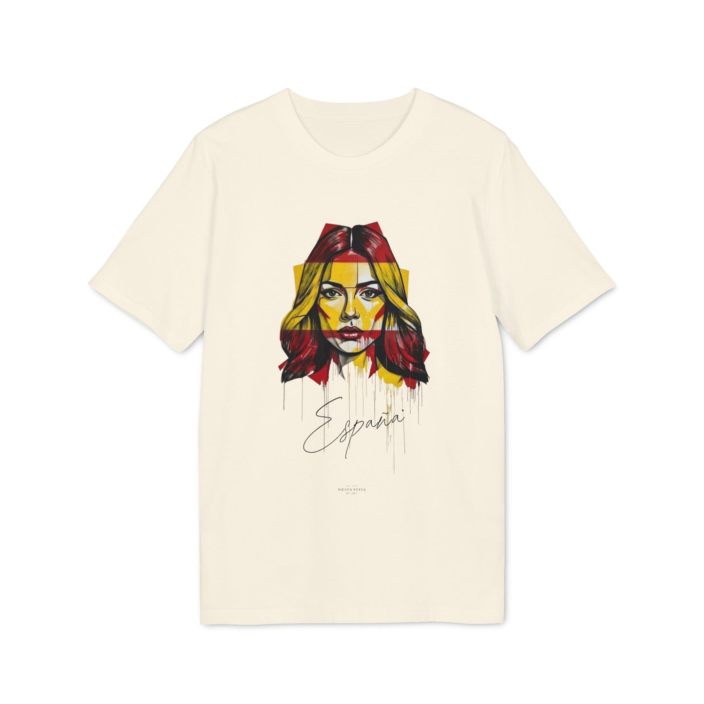 Natural Raw T-shirt with street art style design of a woman in red and yellow colors and the text “España”