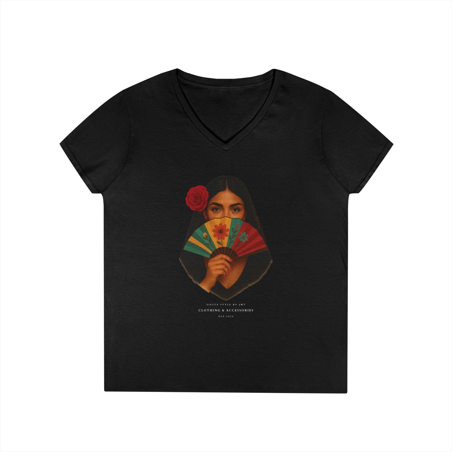 V-Neck T-Shirt with Spanish Lady - Summer Vibes, Casual Elegance
