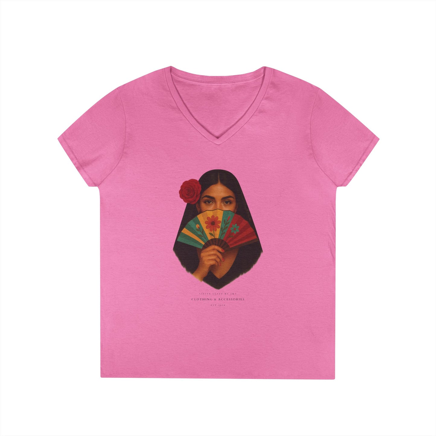 V-Neck T-Shirt with Spanish Lady - Summer Vibes, Casual Elegance