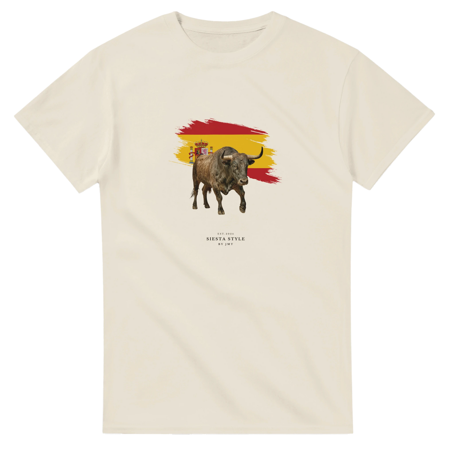 Natural travel t-shirt with Spanish bull illustration and Spain flag design, Spanish-inspired souvenir tee

Alternative (etwas kürzer & sehr clean):