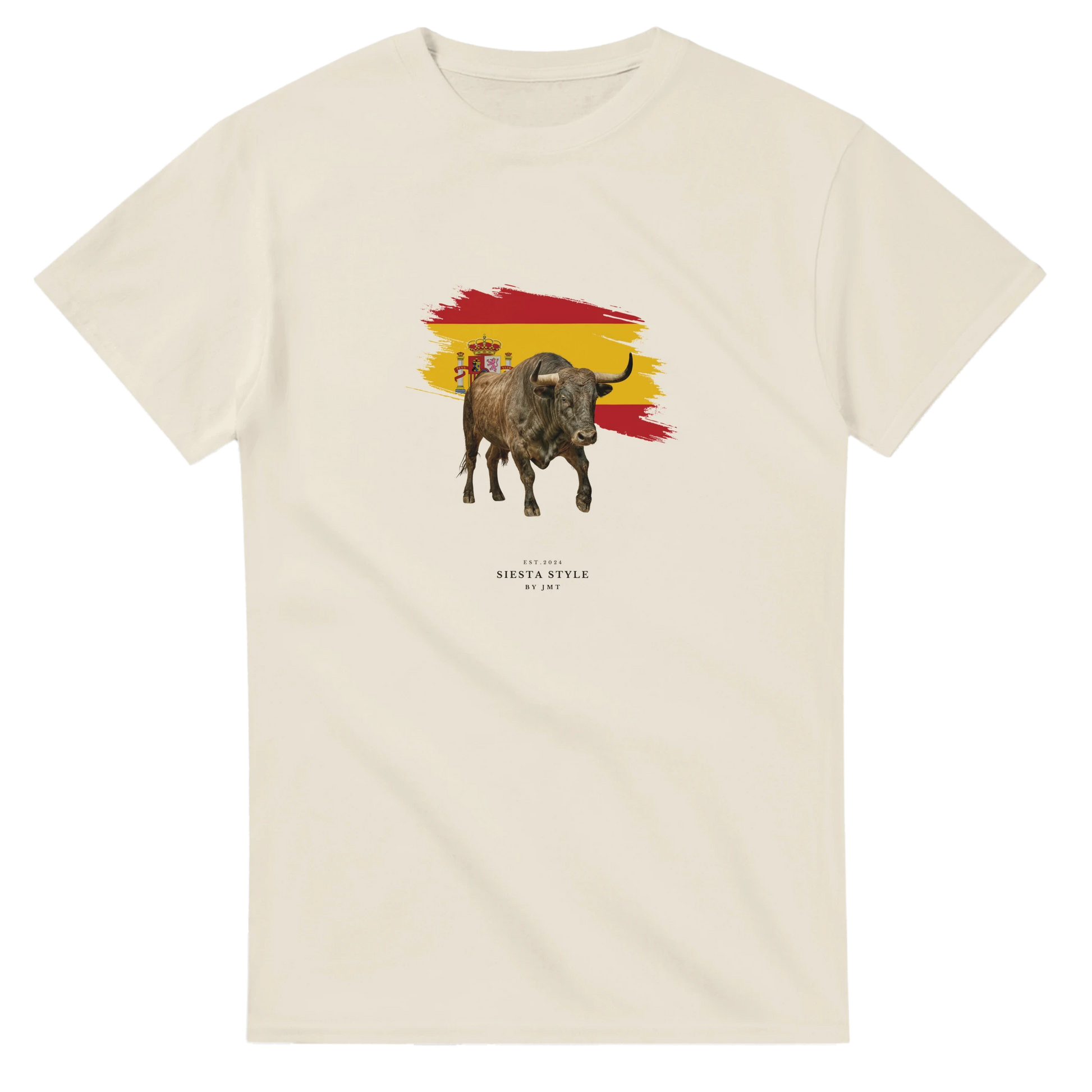 Natural travel t-shirt with Spanish bull illustration and Spain flag design, Spanish-inspired souvenir tee

Alternative (etwas kürzer & sehr clean):
