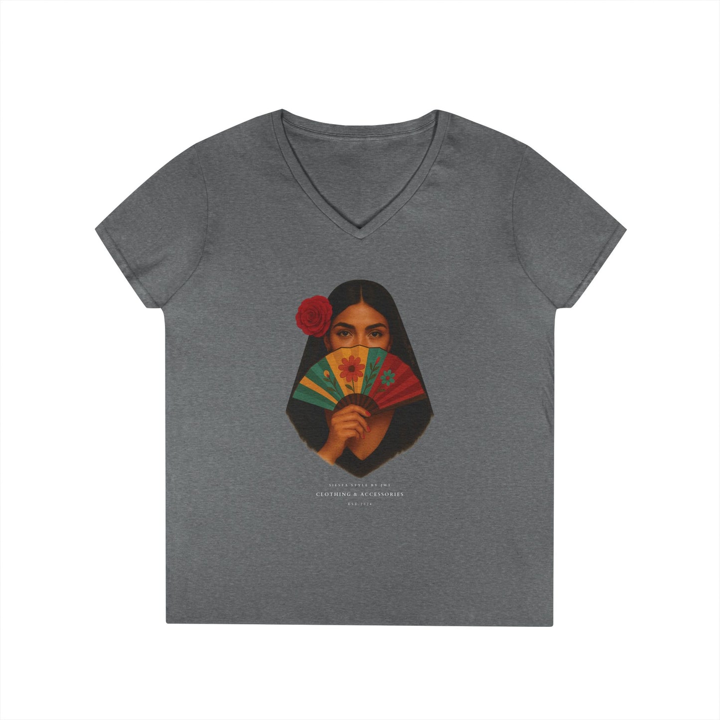 V-Neck T-Shirt with Spanish Lady - Summer Vibes, Casual Elegance
