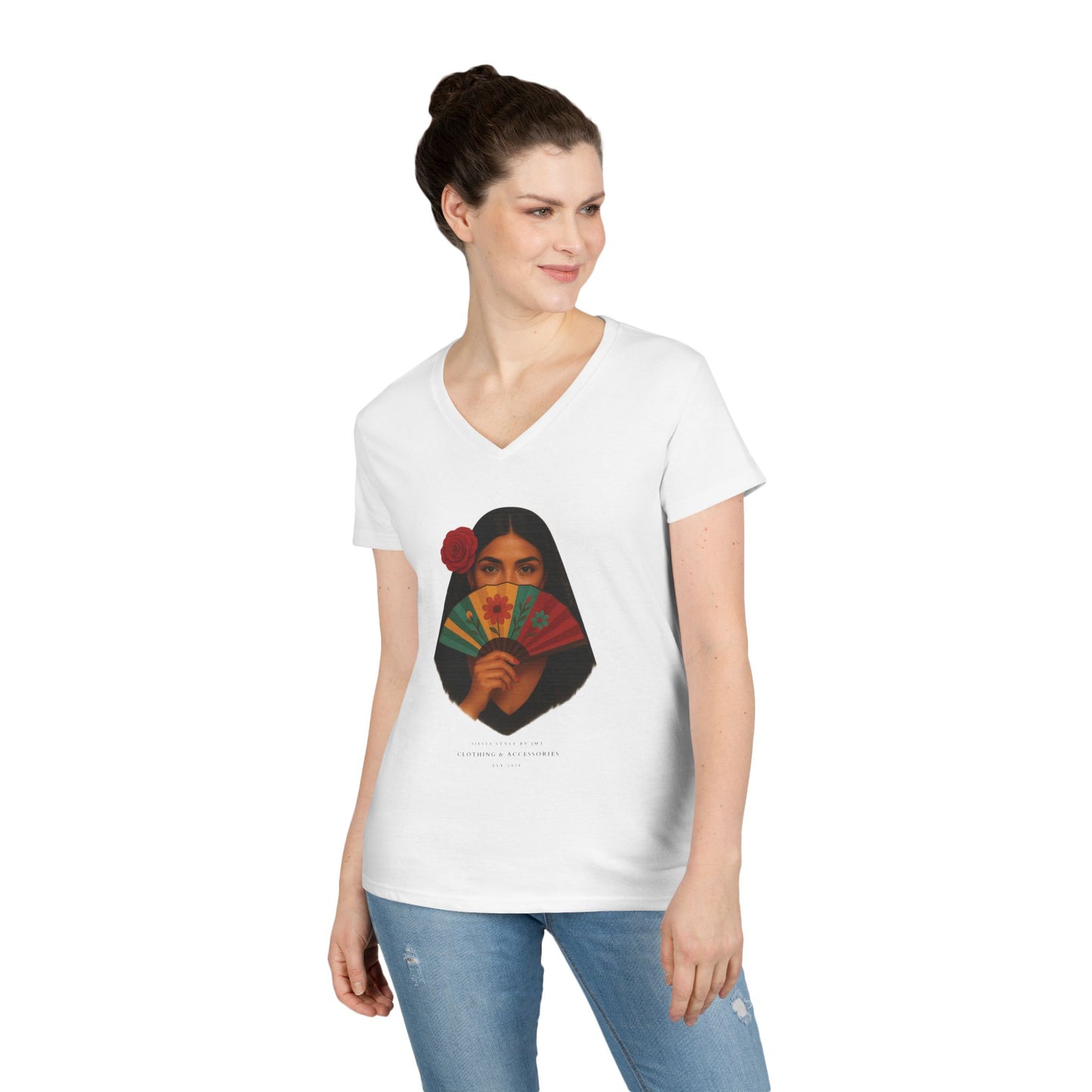 V-Neck T-Shirt with Spanish Lady - Summer Vibes, Casual Elegance