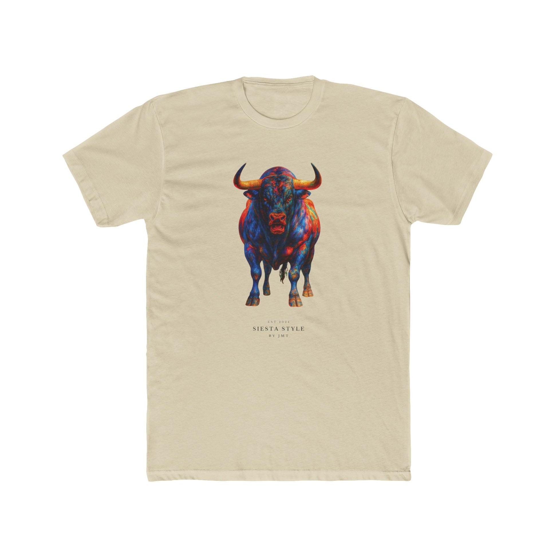 Solid Cream crew tee t-shirt with colorful bull print, front view