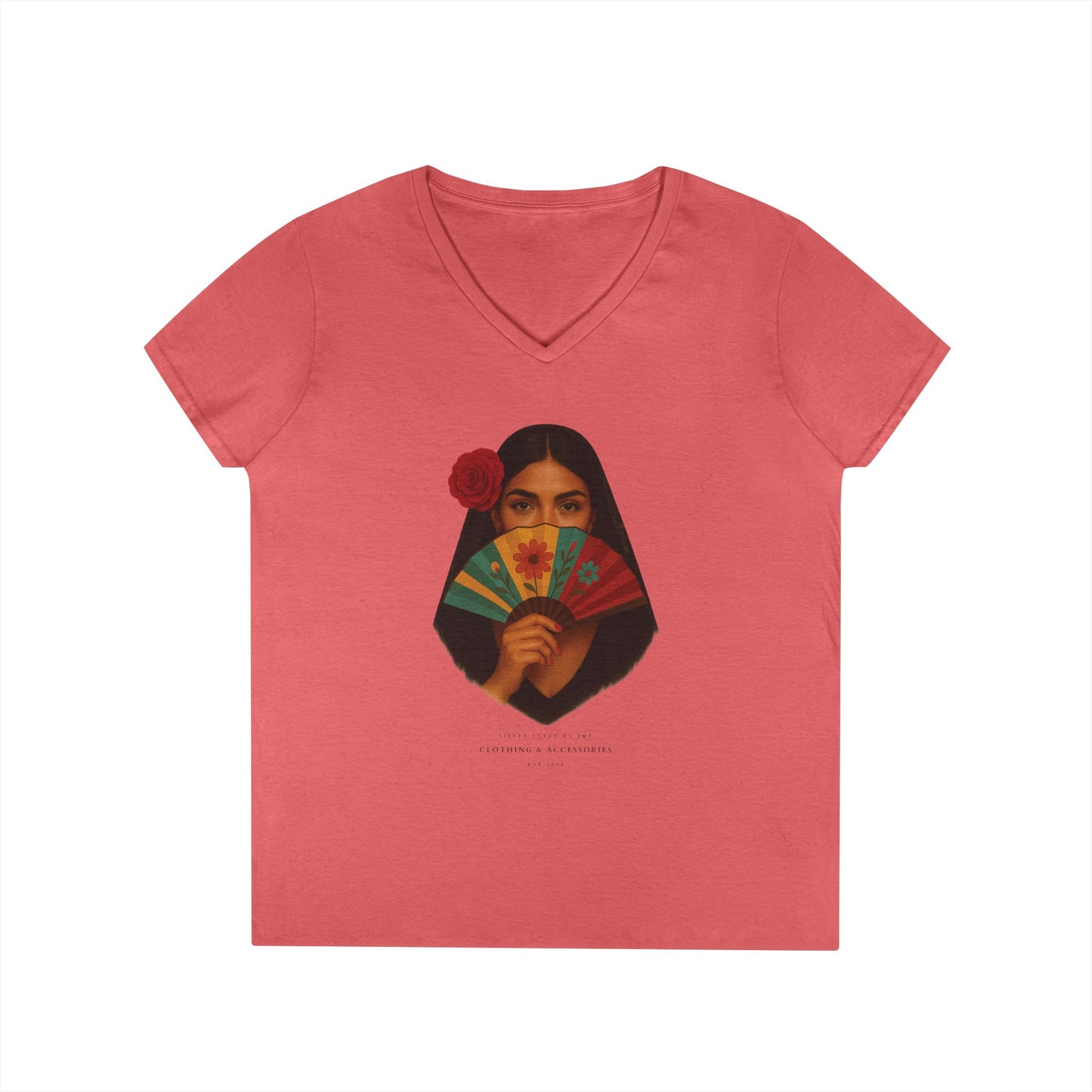 V-Neck T-Shirt with Spanish Lady - Summer Vibes, Casual Elegance