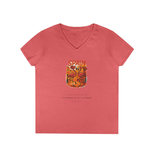 Ladies' V-Neck T-Shirt with Flamingo Design - Summer Vibes, Casual Elegance