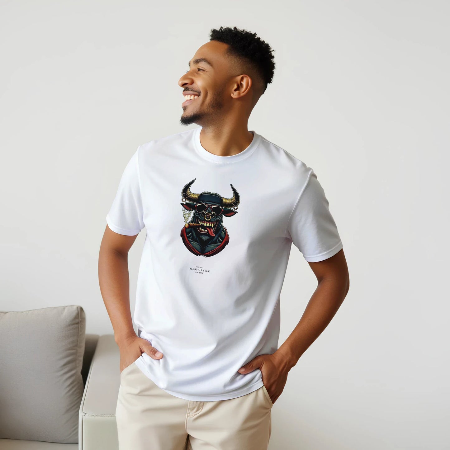 White T-shirt with bull street art style design “Loco Torro”