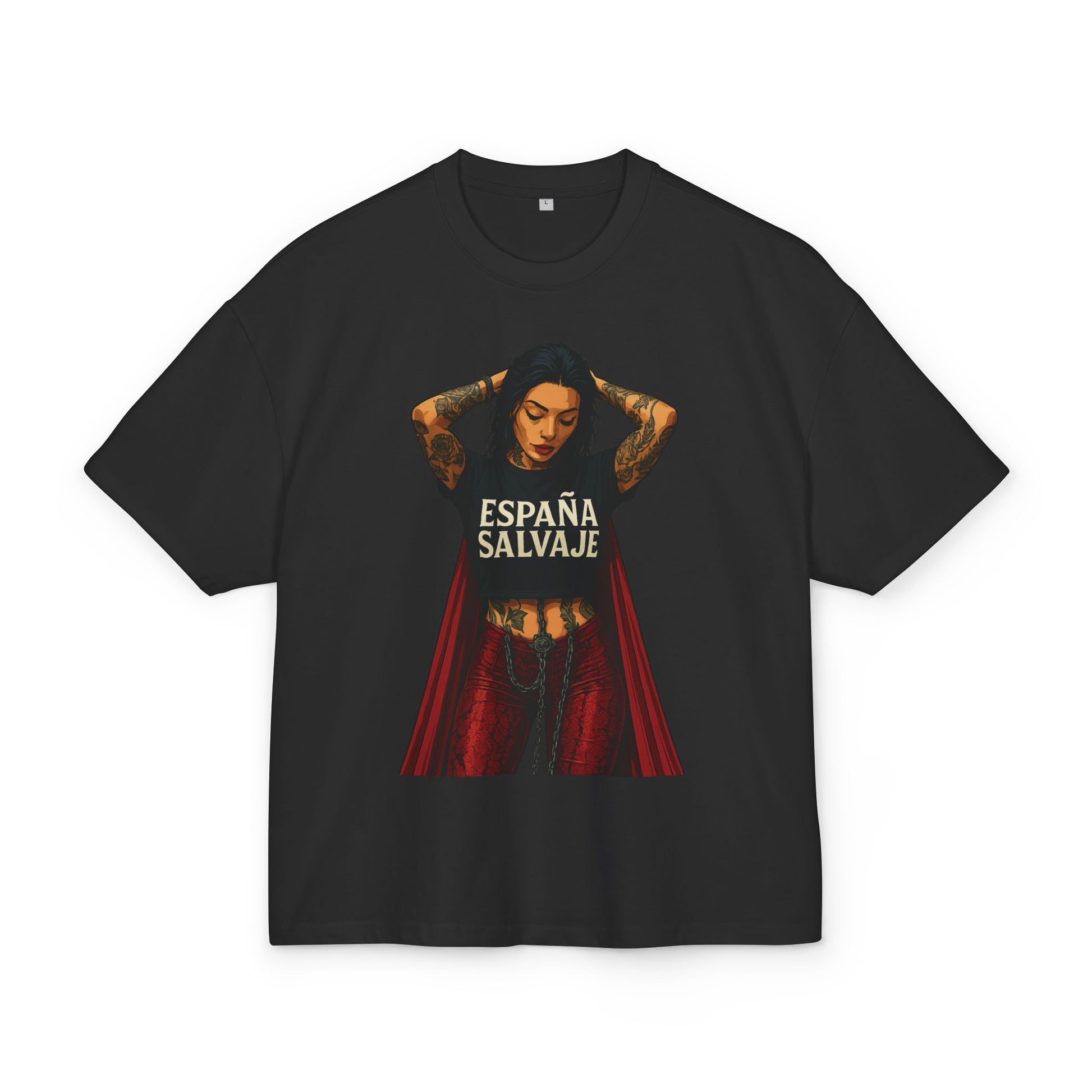 Black oversized t-shirt with “España Salvaje” graphic print, front view
