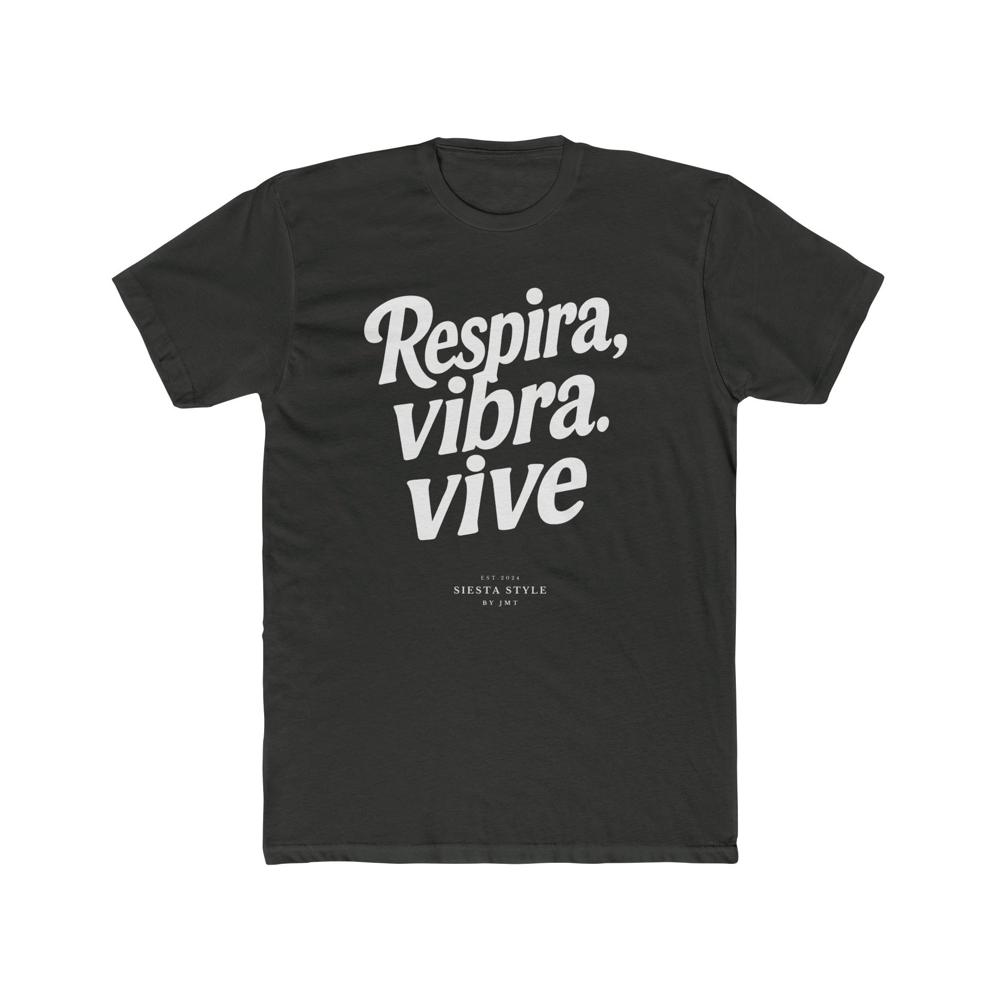 Solid Heavy Metal crew neck t-shirt with “Respira, vibra, vive” typography print, front view
