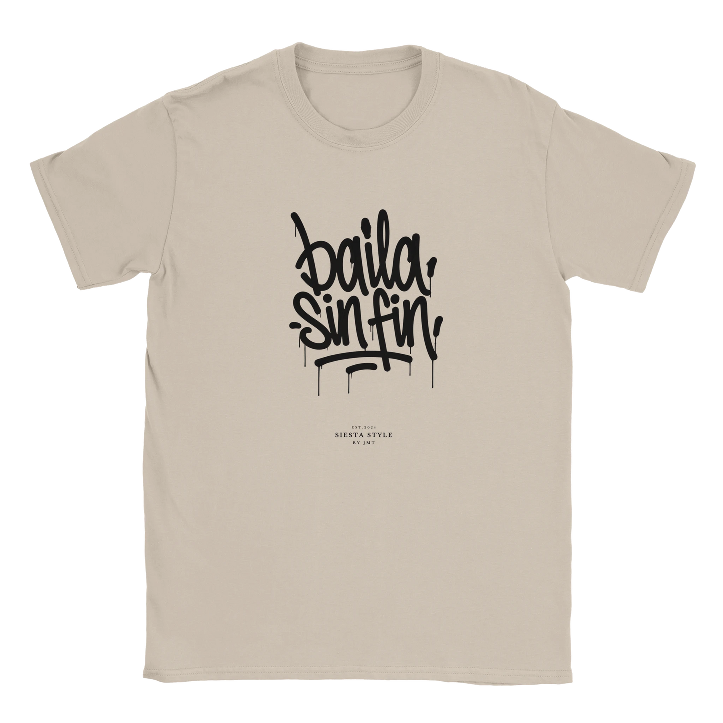 Sand travel t-shirt with “Baila sin fin” Spanish typography design