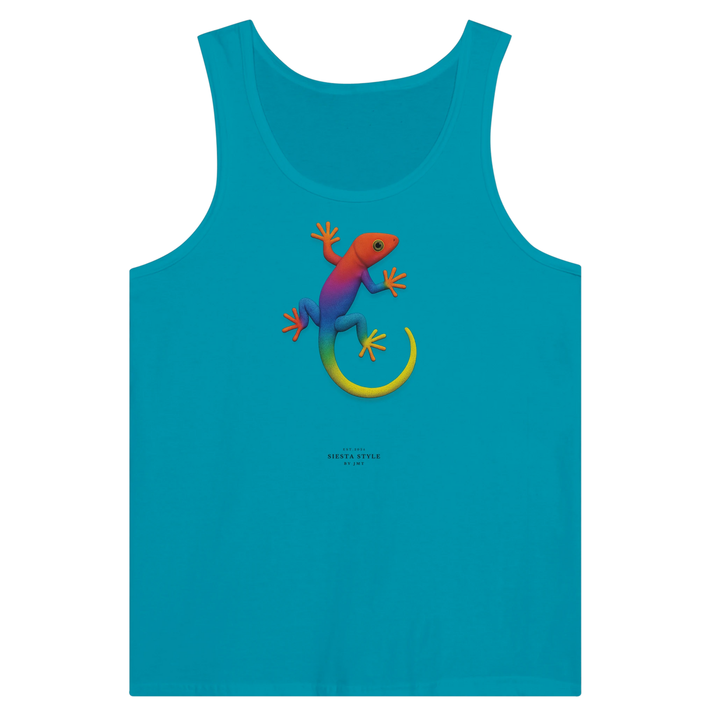 Teal travel tank top with colorful gecko illustration