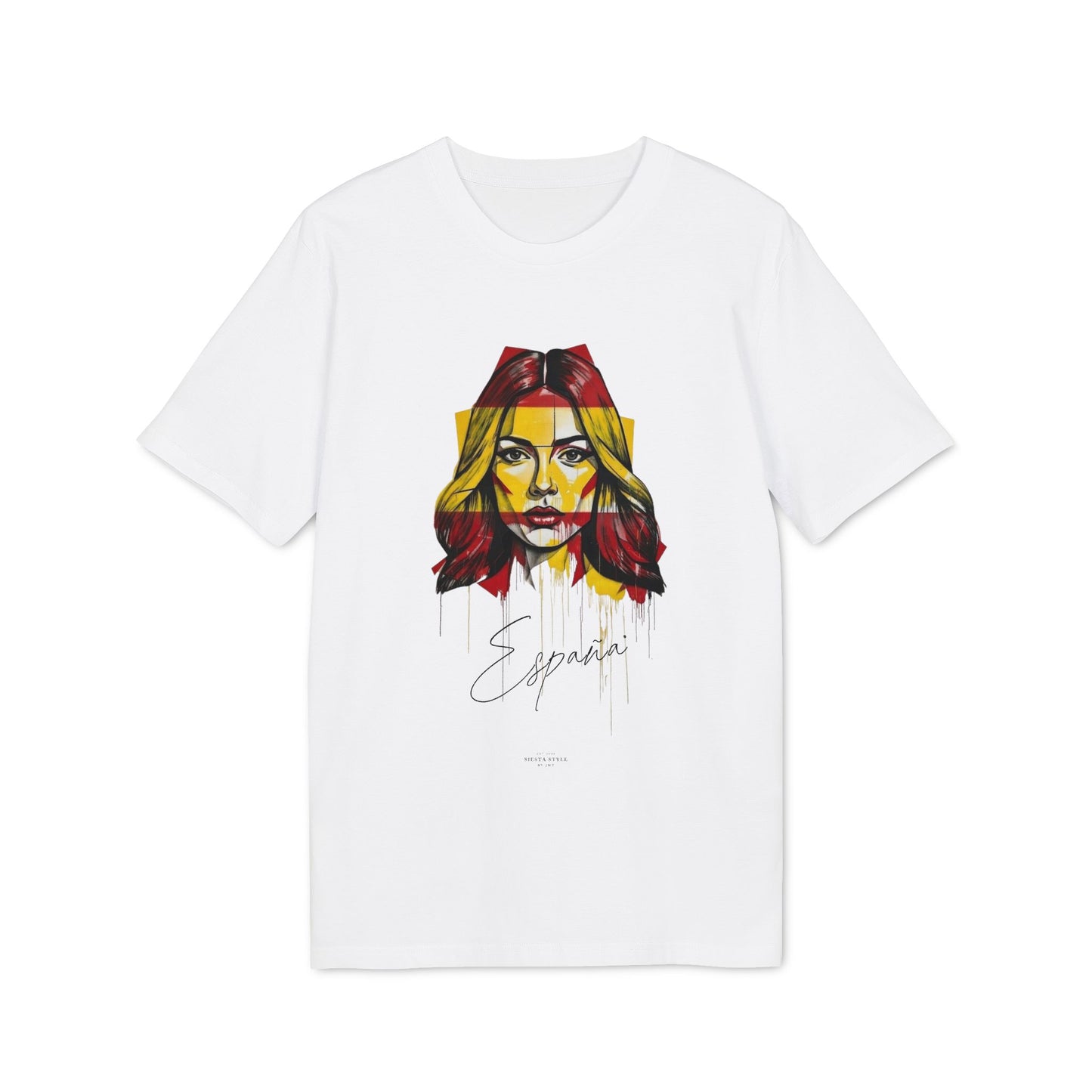White T-shirt with street art style design of a woman in red and yellow colors and the text “España”