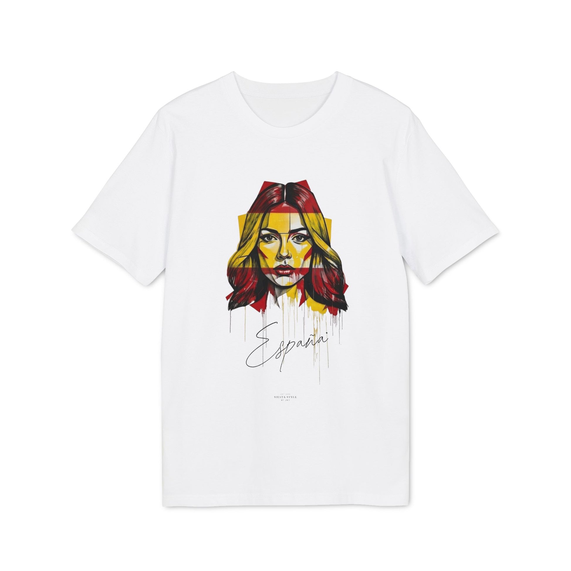 White T-shirt with street art style design of a woman in red and yellow colors and the text “España”