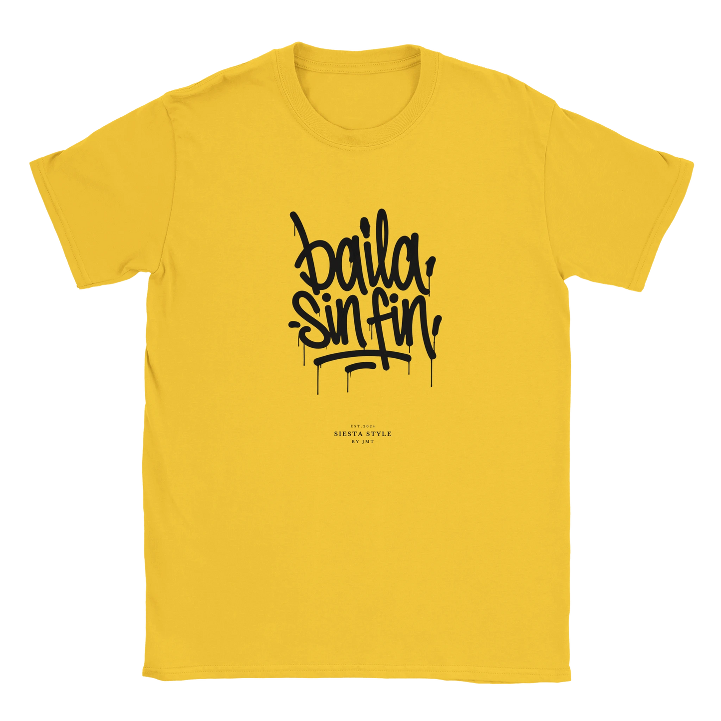 Daisy travel t-shirt with “Baila sin fin” Spanish typography design