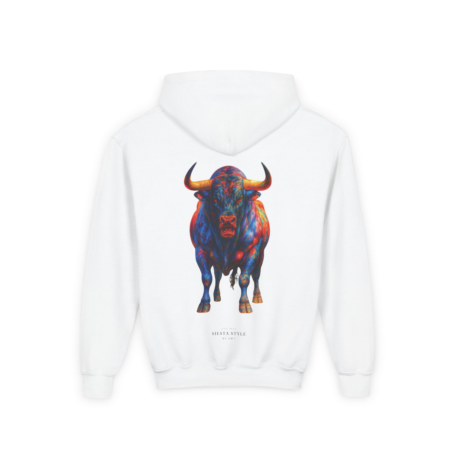 White kids hooded sweatshirt with large colorful bull print, back view