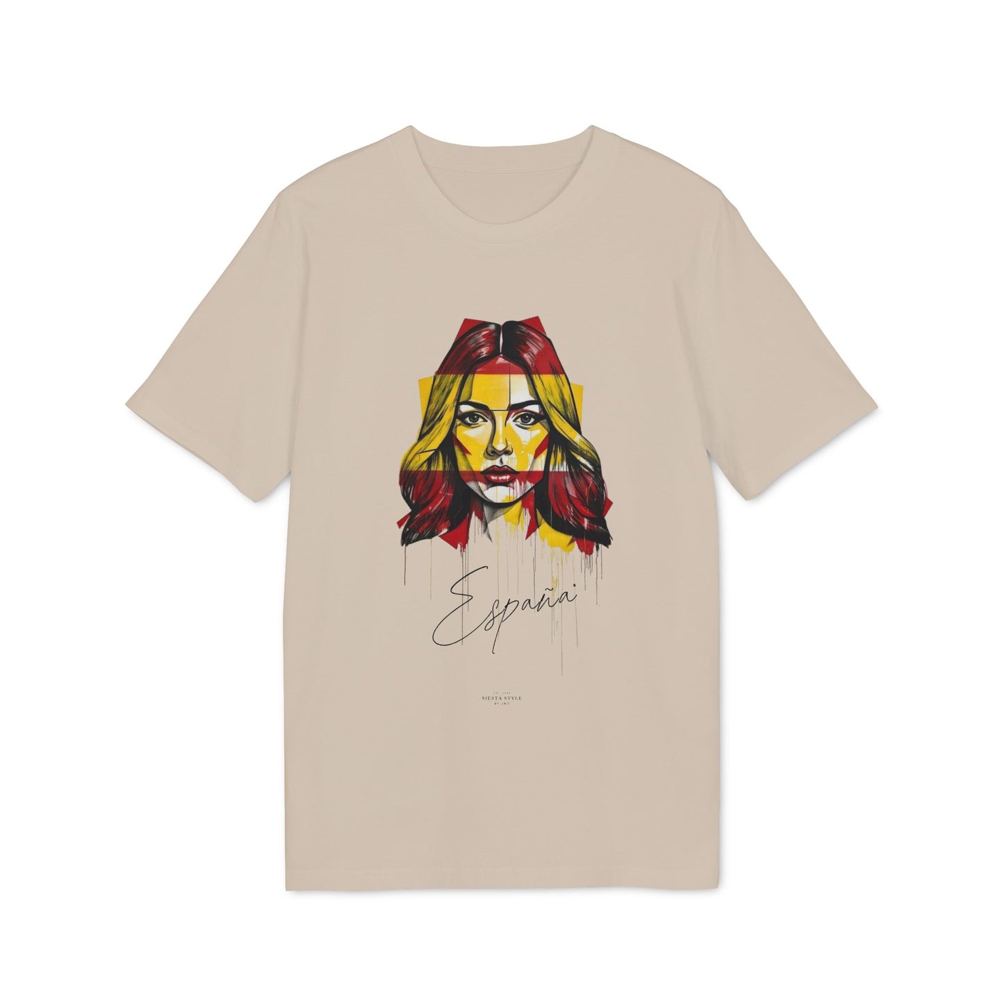 Desert Dust T-shirt with street art style design of a woman in red and yellow colors and the text “España”