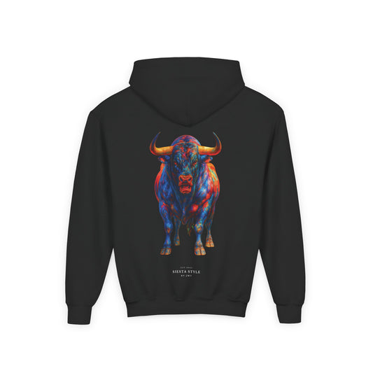 Colorful Bull Youth Hoodie, Vibrant Graphic Sweatshirt for Kids