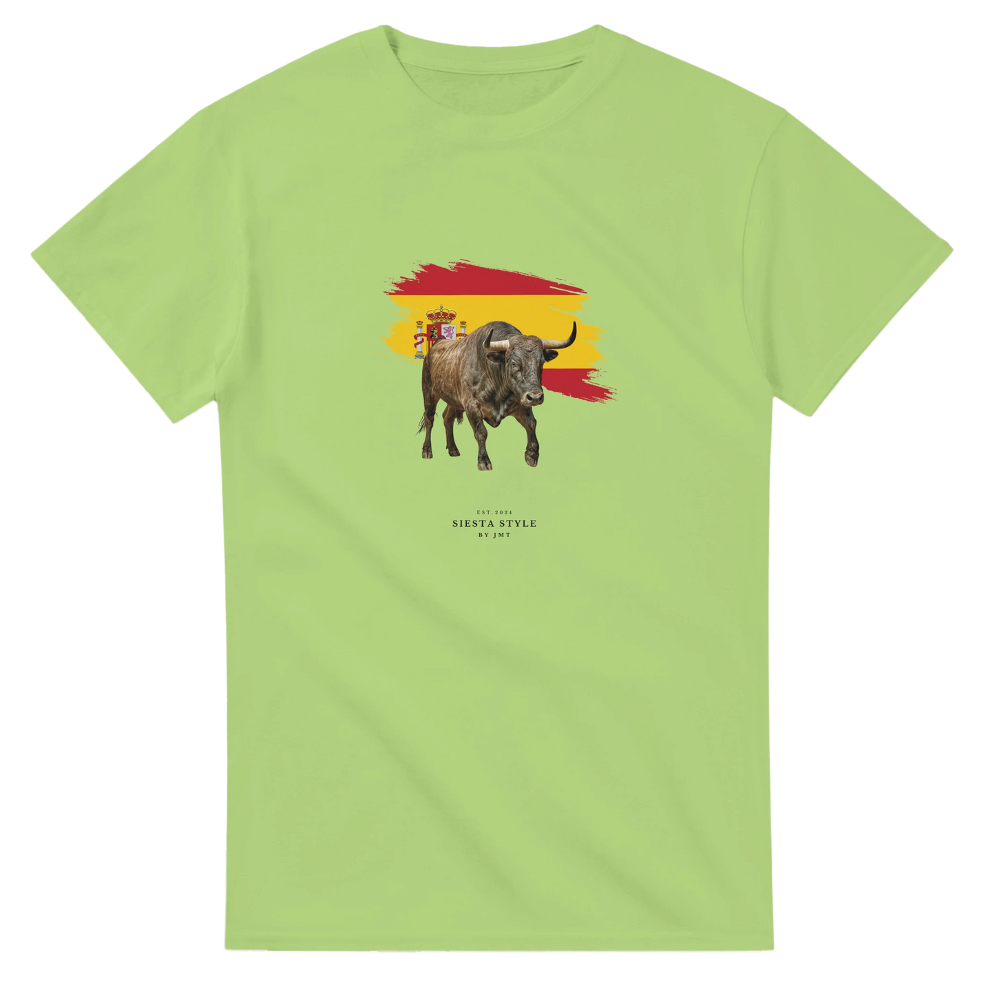 Kiwi travel t-shirt with Spanish bull illustration and Spain flag design, Spanish-inspired souvenir tee