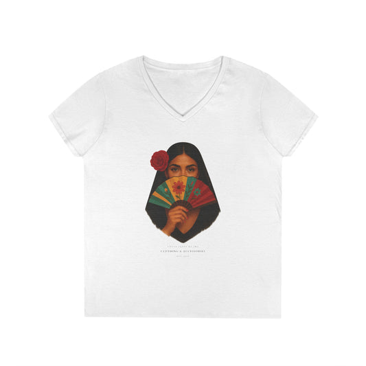 V-Neck T-Shirt with Spanish Lady - Summer Vibes, Casual Elegance