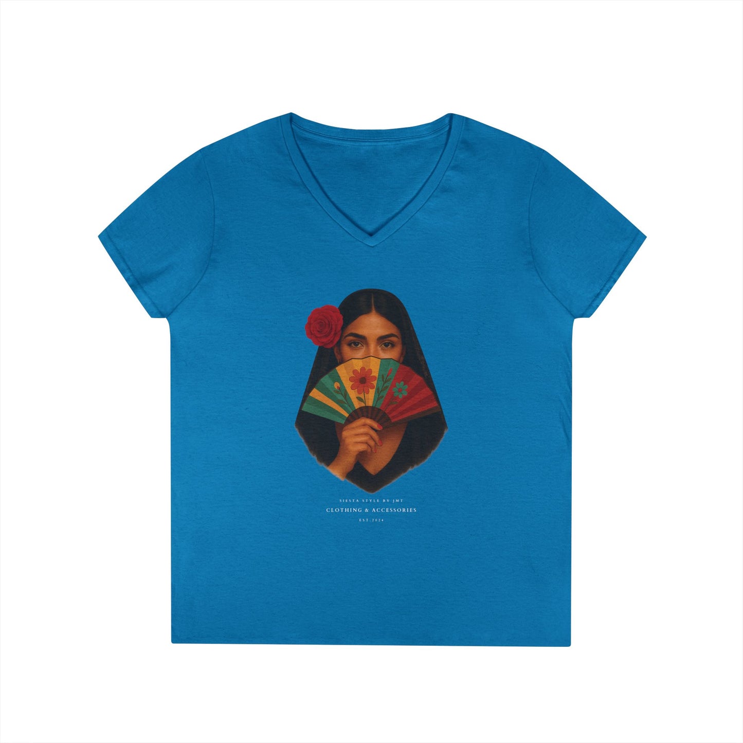 V-Neck T-Shirt with Spanish Lady - Summer Vibes, Casual Elegance