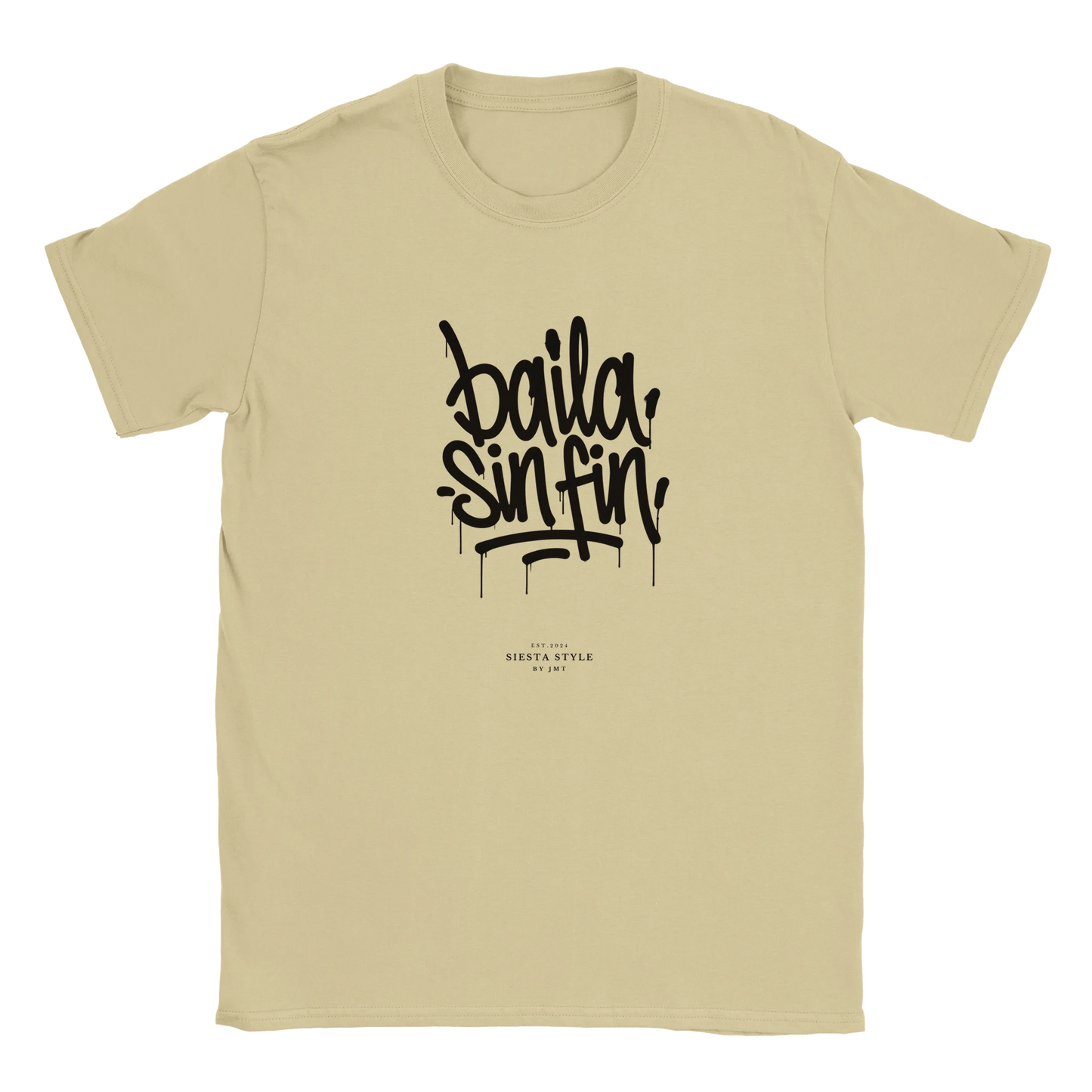 Natural travel t-shirt with “Baila sin fin” Spanish typography design