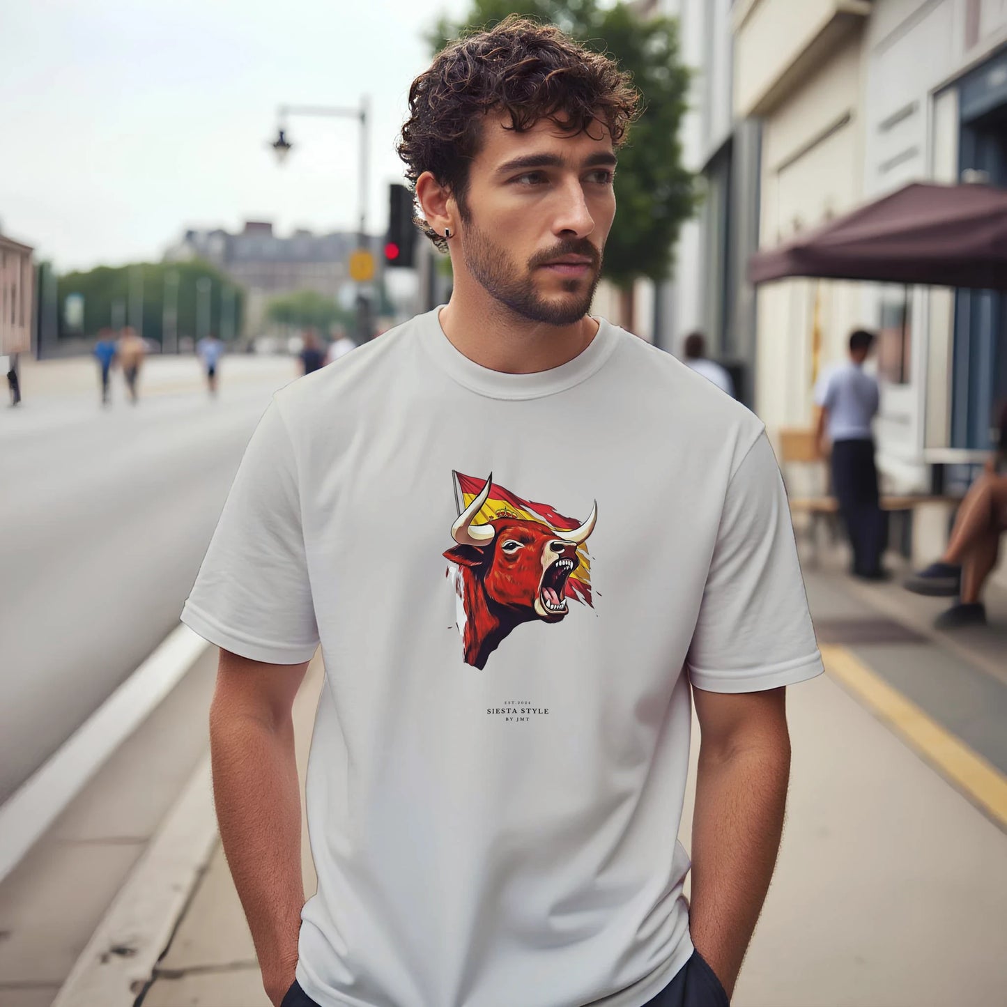 Ice Grey travel t-shirt with Spanish bull head Print