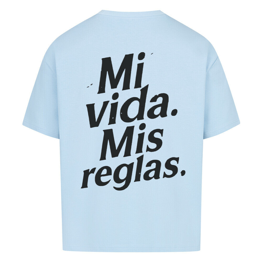 Baby Blue oversized t-shirt with “Mi vida. Mis reglas.” typography print, back view
